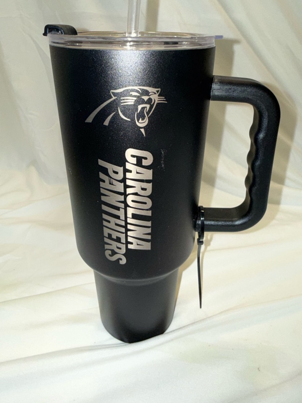 Carolina Panthers Black Travel Mug with Handle - Insulated Drink Tumbler